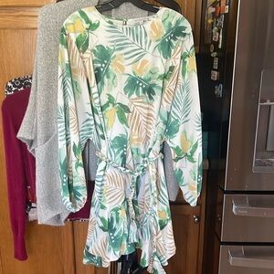 Gianni Bini Tropical Palm Print Dress Braided Belt Godet Pleats XL